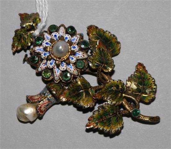 An Austro-Hungarian silver gilt (835) and enamel floral spray brooch, set two baroque pearls and small emeralds, 1920s import mark,